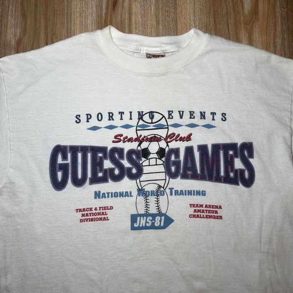 Vintage 90s GUESS GAMES Sporting Events Graphic T-Shirt Mens Large White USA‎ - Picture 2 of 8